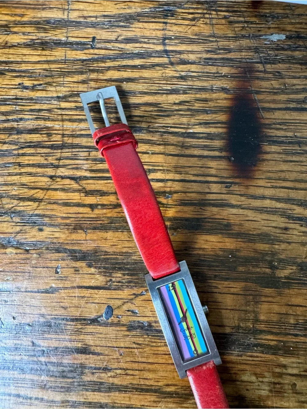 Cynthia Rowley Red Strap Rectangular Watch with Multicolor Stripe Face